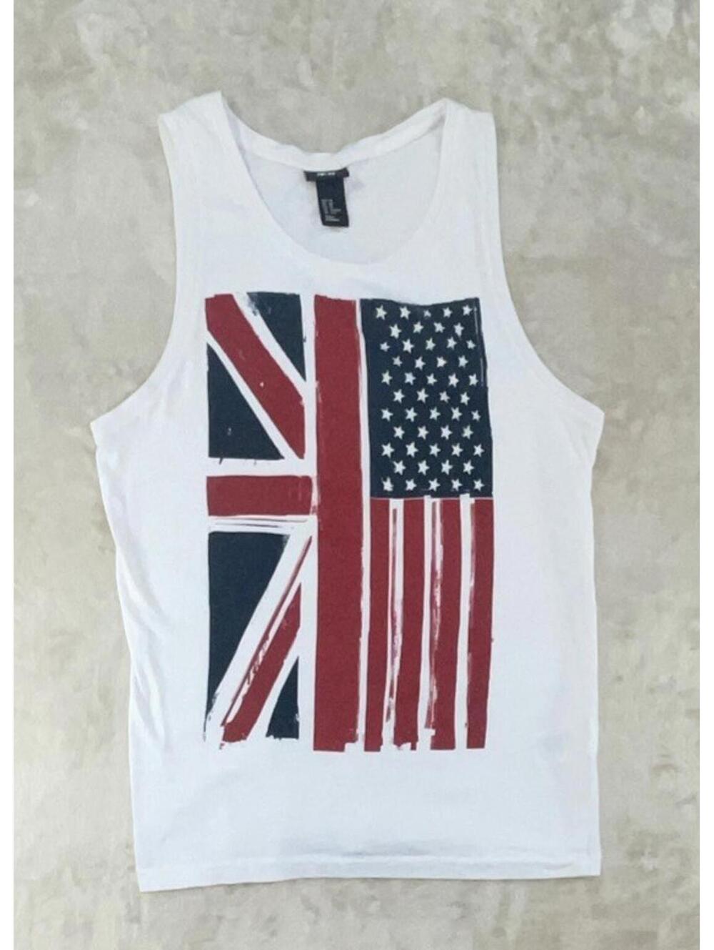 H&M White Men’s Tank Top Split British & American Flag Combined Size XS - EUC